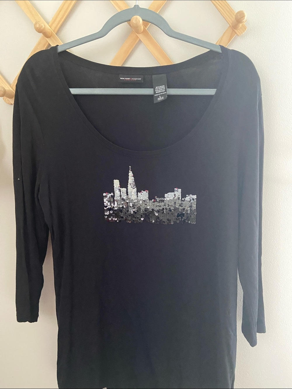New York & Company Black Scoop Neck Top with Silver Sequin Skyline